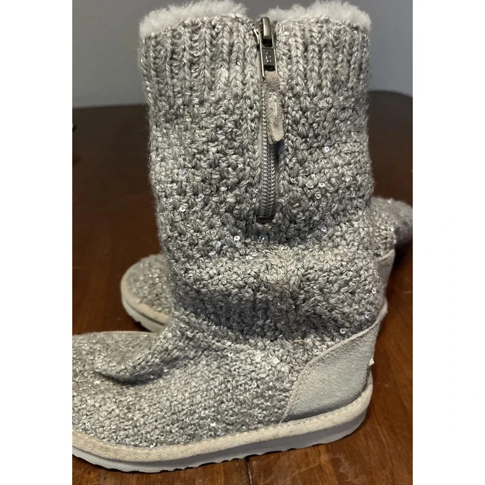 UGG Treadlite Silver Gray Sequin Knit Mid Calf Sweater Boots‎ Shoes Kids Size 12